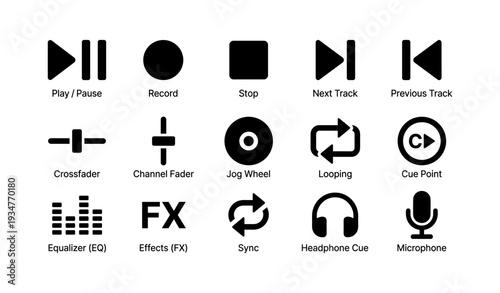 Dj equipment icons: play, record, stop, looping, microphone, equalizer, headphones, sync, jog wheel