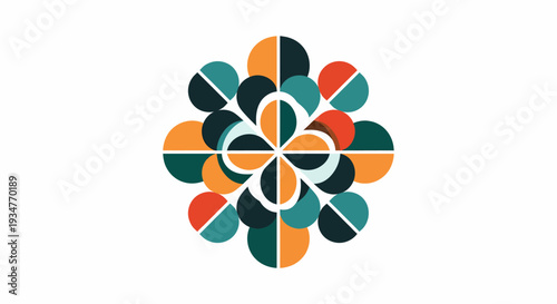 A stylized graphic design featuring a flower-like pattern with vibrant colors and layered shapes