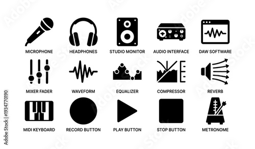 Music production equipment icons: microphone, headphones, software, and tools
