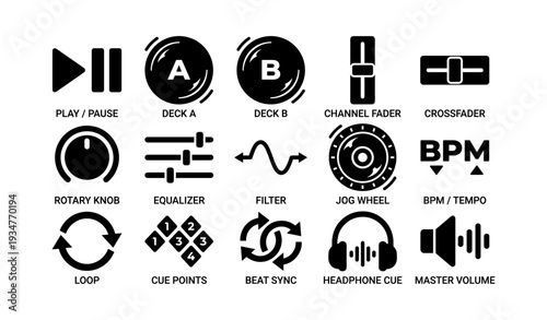 Dj control symbols: play, pause, channel, equalizer, bpm, sync, volume