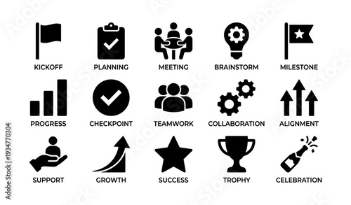 Business strategy icons set: planning, teamwork, success, collaboration