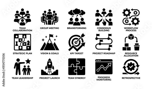 Icons illustrating teamwork and project management concepts across various stages