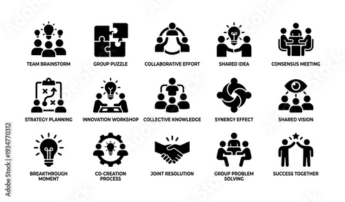 Teamwork icons: brainstorming, collaboration, strategy, innovation, success