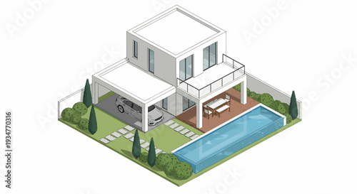 Modern house with swimming pool and patio area viewed from above