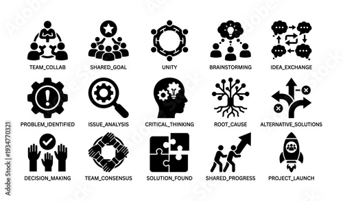 Collaborative teamwork icons depicting problem solving and project management strategies