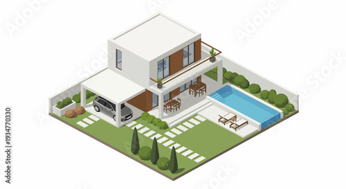 Modern house with swimming pool and patio area viewed from above