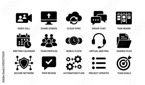 Icons for video call, cloud sync, group chat, task board, team collaboration tools