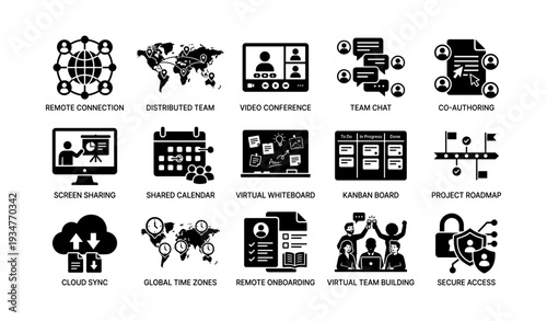 Remote work tools and collaboration icons for distributed teams