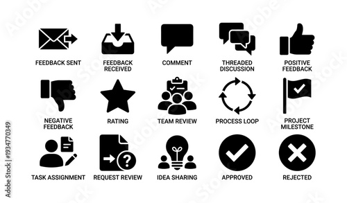 Feedback and task management icons: communication, review, and approval symbols