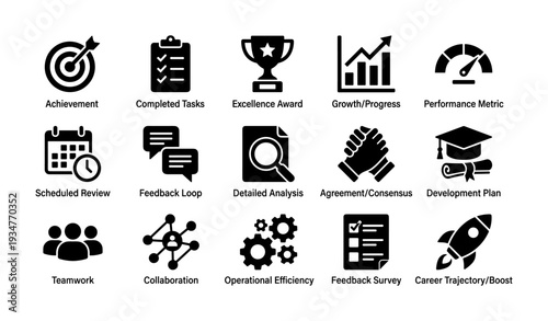 Achievement icons: performance, growth, awards, teamwork, development