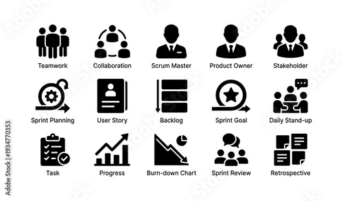 Agile methodology icons: teamwork, collaboration, scrum, iteration, progress tracking