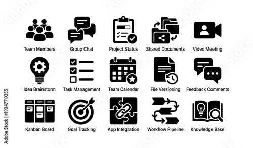 Set of black and white icons for team collaboration and project management