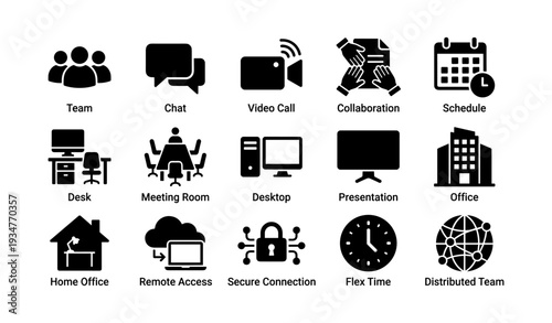 Business communication and workflow icons: team, chat, video, collaboration, schedule