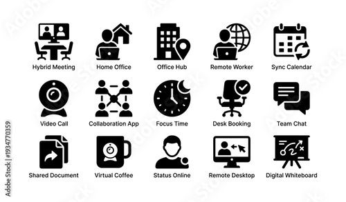 Hybrid work icons: remote collaboration, virtual meetings, office tools
