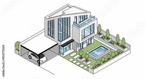 Modern house with pool and garden viewed from above