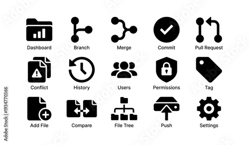 Software development icons: dashboard, branch, merge, commit, pull request