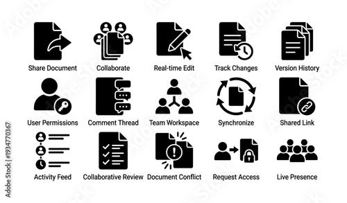 Collaboration icons: share, edit, track, synchronize, access tools