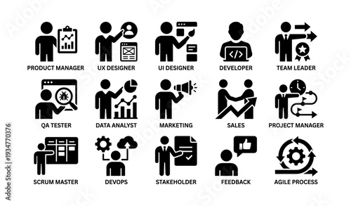 Icon set illustrating various roles in software development and project management