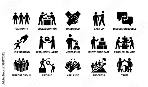 Teamwork and collaboration icons: unity, support, problem solving, mentorship