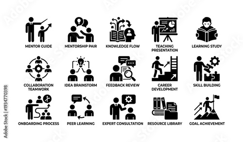 Professional development icons: mentorship, learning, collaboration, skill building, career growth