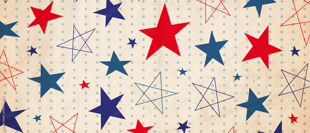 Fototapeta premium Retro American patriotic background with a textured paper finish, featuring scattered red and blue stars of various sizes, plus outlines of stars and dots, ideal for July 4th and national holiday