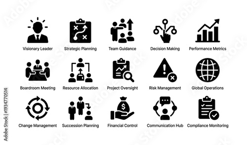 Business management icons: leadership, strategy, finance, global operations