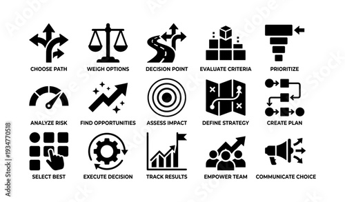 Decision-making icons set: strategy, planning, execution, analysis, communication