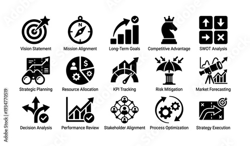 Business strategy icons: vision, mission, goals, analysis, planning, risk, optimization