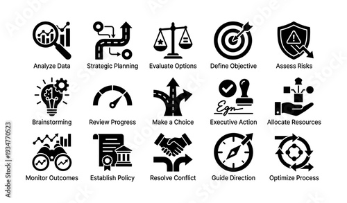 Business strategy and analysis icons: planning, evaluation, and decision-making