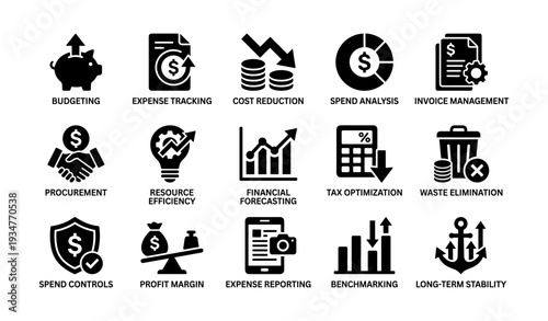 Financial management icons: budgeting, expense tracking, cost reduction strategies