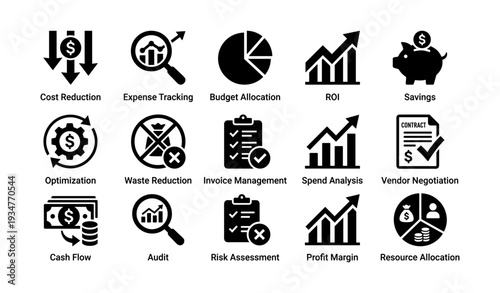 Cost reduction and financial management icons for business strategy