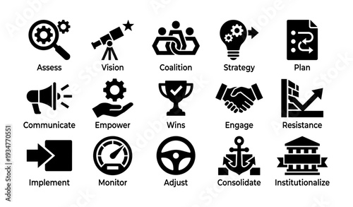 Business strategy icon set: assess, vision, coalition, strategy, plan
