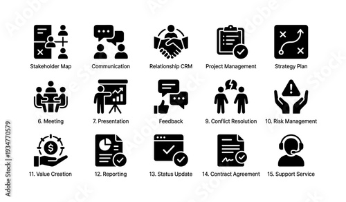 Business icons set for communication, management, and strategy planning