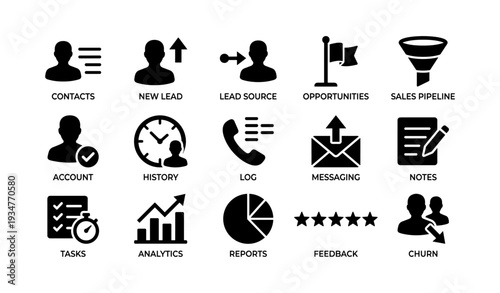Business icons set: contacts, leads, opportunities, analytics, feedback, churn