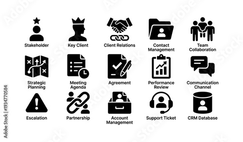 Business icons set: client relations, strategic planning, team collaboration, support ticket system