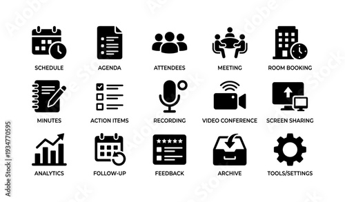 Meeting and conference icons: agenda, attendees, recording, analytics tools
