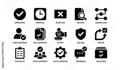 Workflow and approval icons set for digital processes and document management