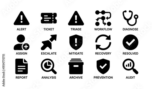 Process management icons for alert, diagnosis, and workflow analysis