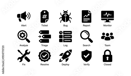 Collection of tech icons for alerts, tickets, bugs, reports, monitoring, and more