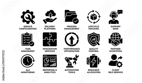 Business management icons: service, platform, process, lifecycle, support