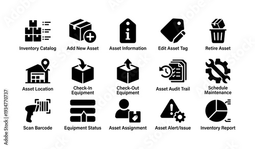 Asset management and inventory system icons: equipment, maintenance, audit