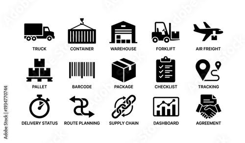 Logistics and supply chain icon set featuring trucks, containers, and air freight elements