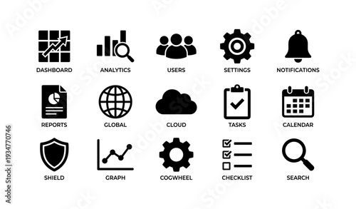 Business and technology icon set with dashboard, analytics, users, and more