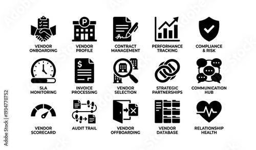 Vendor management icons collection for business solutions