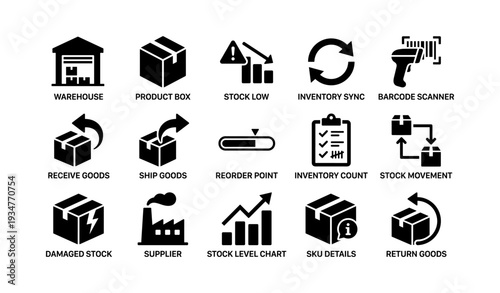 Warehouse and inventory management icons: barcode scanner, stock levels, product box, shipment, reorder point