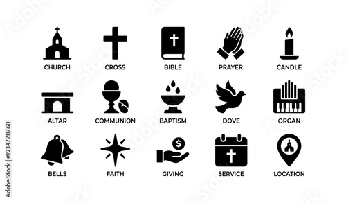 Christian symbols: church, cross, bible, prayer, candle, altar and more icons