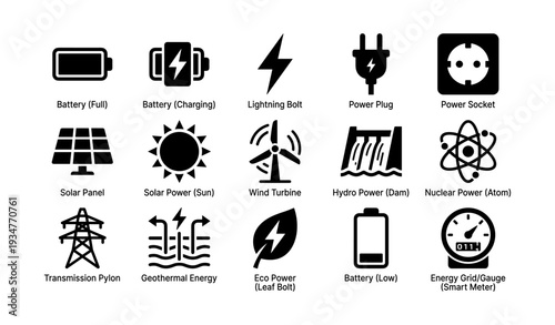 Energy icons: battery, solar, wind, hydro, nuclear, geothermal, transmission, eco