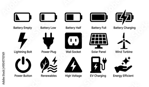 Battery levels and renewable energy icons: charging, solar, wind, ev, efficiency