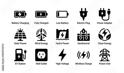 Icon set depicting energy sources and power charging technologies
