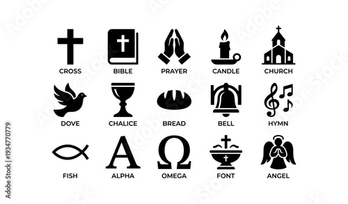 Religious symbols collection: cross, bible, prayer, candle, church, dove, chalice